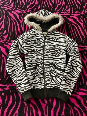 Y2K vintage Spoiled Zebra Print Zip Up Hoodie Faux Fur Trim